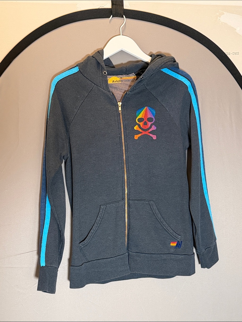 Aviator Nation Navy Zip Hoodie with Rainbow Skull & Turquoise & Purple Stripes